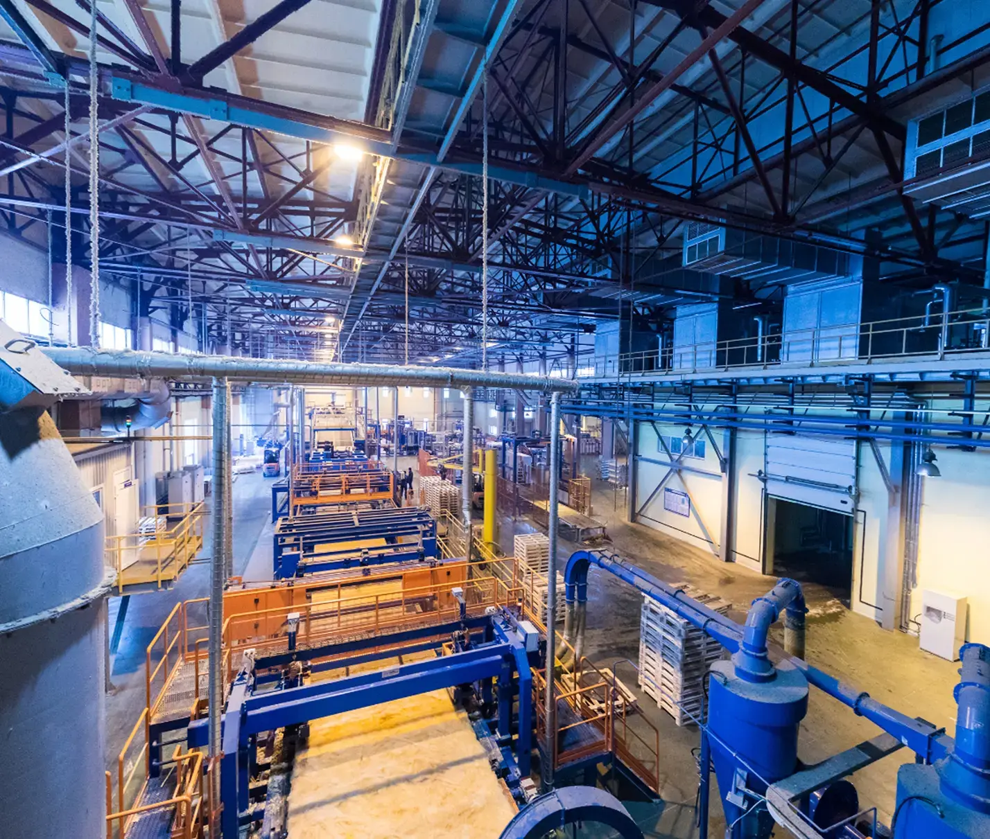 Overhead view of a plant floor, process equipment and steel structure